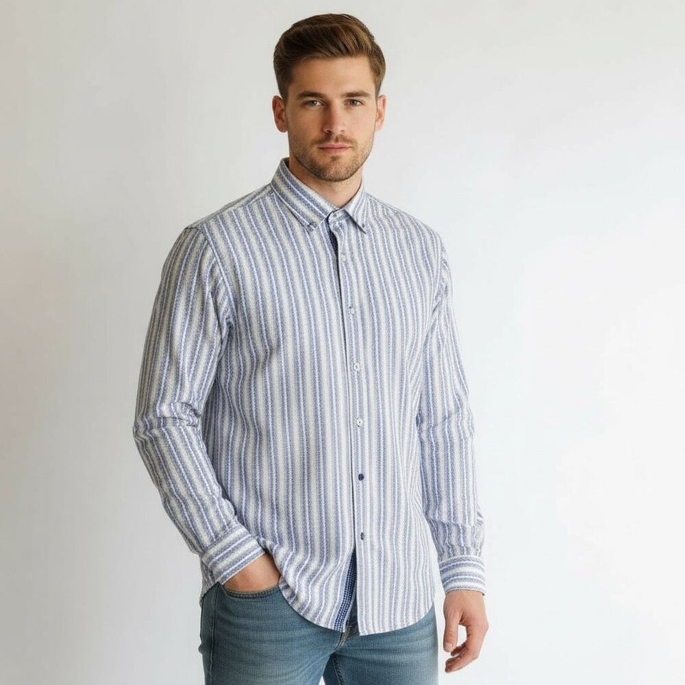Enzone Men's XL Blue Plaid Button Down Shirt 100% Cotton Casual
